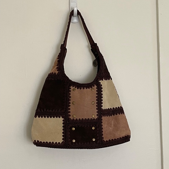 SAK Original Suede Crochet Patchwork Boho Hippie Retro Satchel - Picture 2 of 6